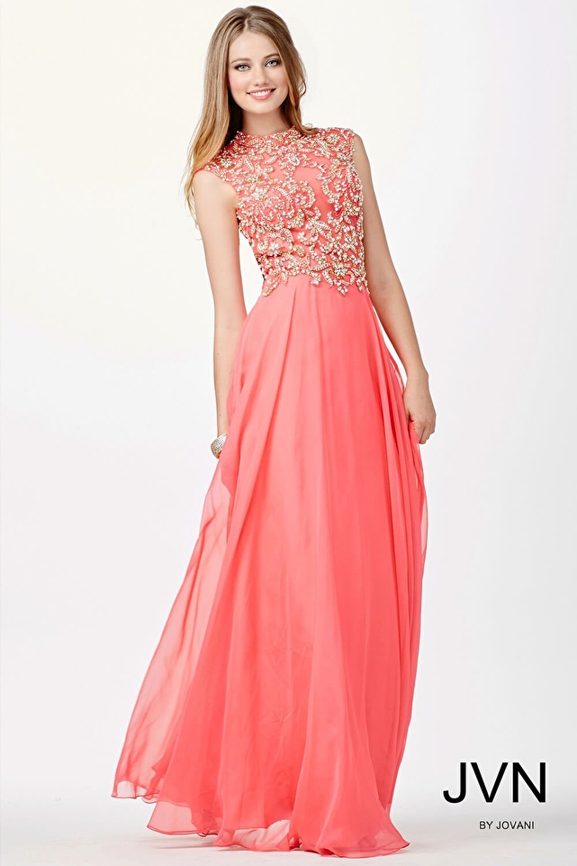 Coral High Neck Prom Dress JVN33747