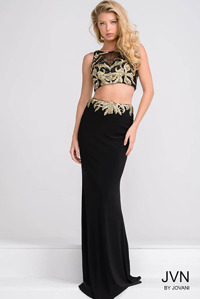 Black and Gold Sheer Neckline Two Piece Dress JVN33748