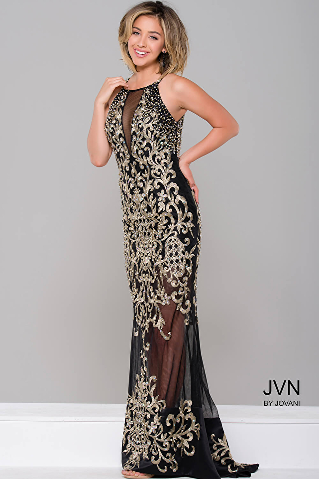 Black/Gold Sheer Illusion Sleeveless Dress JVN36766