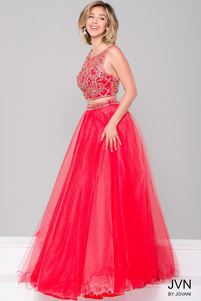 Red Tulle Two-Piece Prom Dress JVN36847