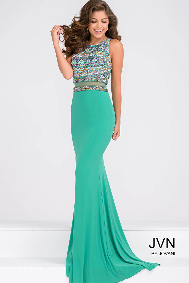 Green Mermaid Beaded Bodice Prom Dress JVN36888