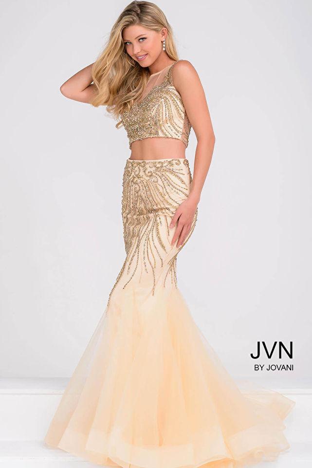 Nude and Gold Two Piece Embellished Mermaid Dress JVN36889
