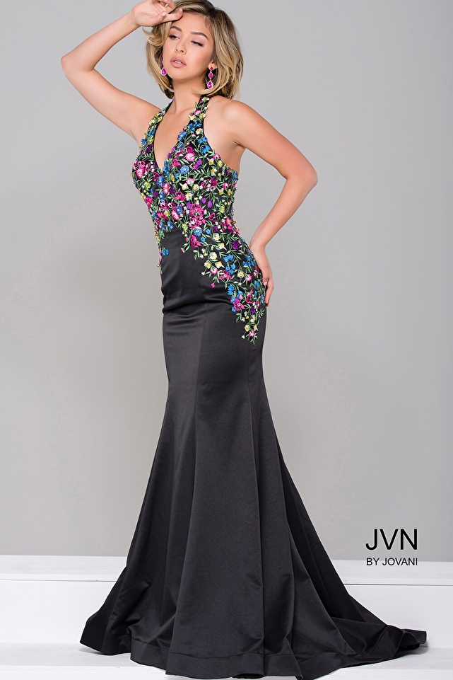 Black Multi Floral Applique Mermaid Dress JVN41429