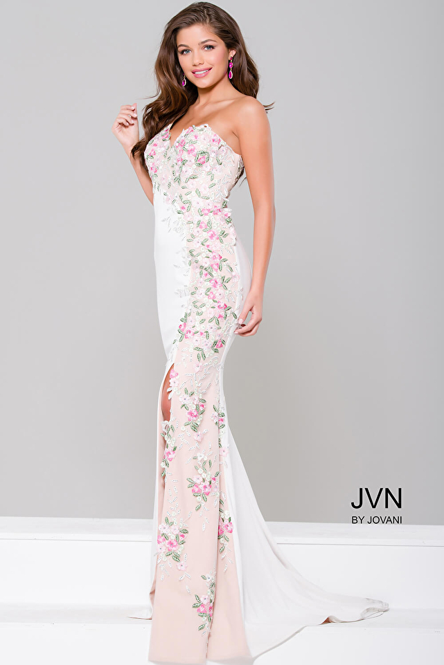 White High Slit One Shoulder Applique Dress  JVN41458