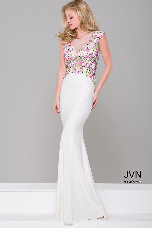 White Floral Sheer Neck Fitted Dress JVN41547