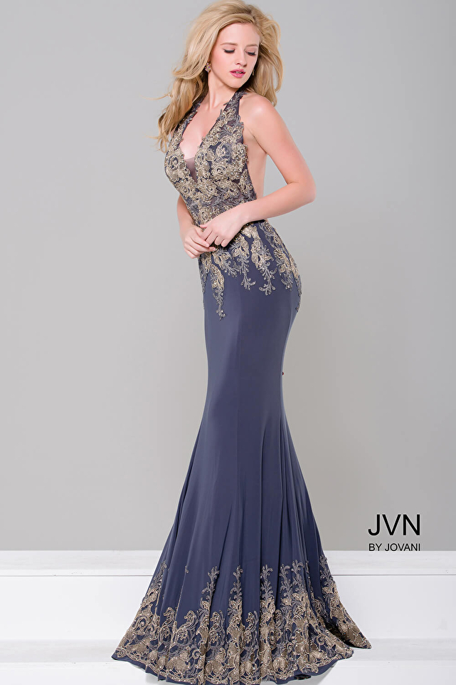 Grey Halter Neck Open Back Jersey Dress JVN41761
