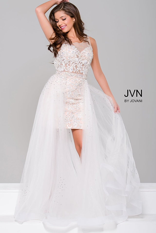 White Lace Sheer Neckline Dress with Tulle Overlay JVN45673