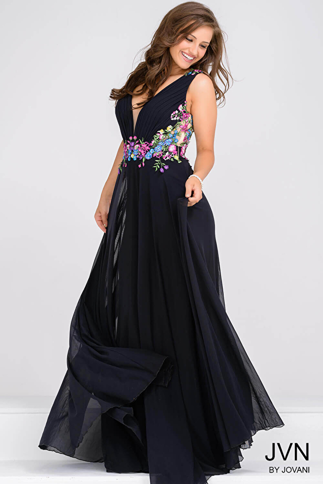 Black Multi V neck Sleeveless Prom Dress JVN47785