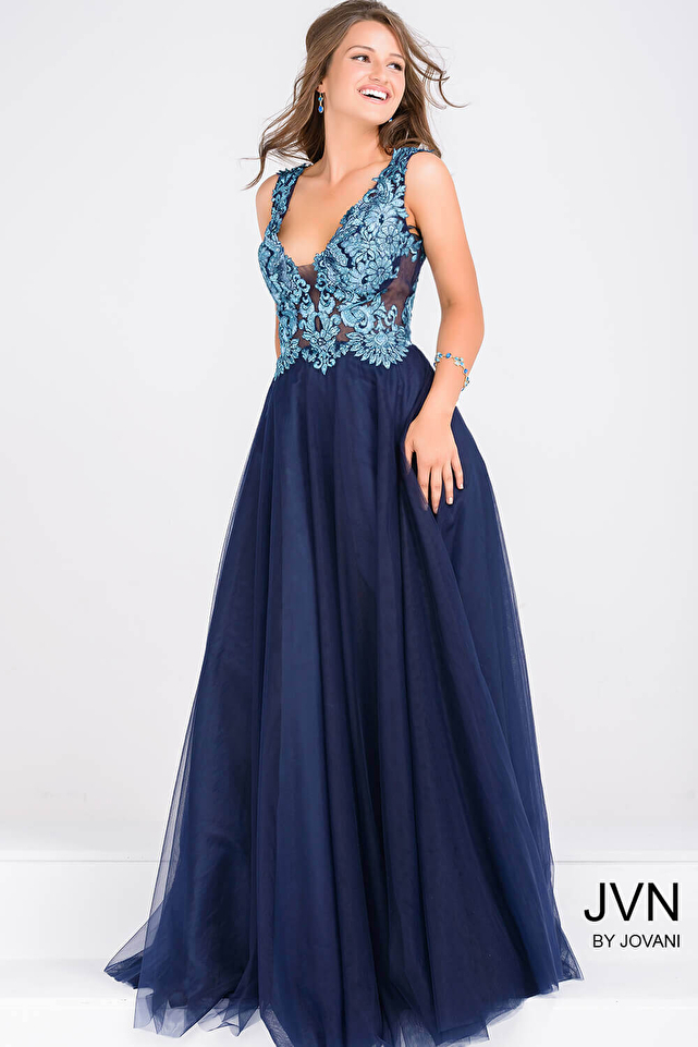 Navy V Neck Fit and Flare Prom Ballgown JVN48647