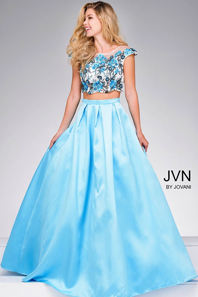 Blue Floral BodiceTwo Piece A Line Dress  JVN48713