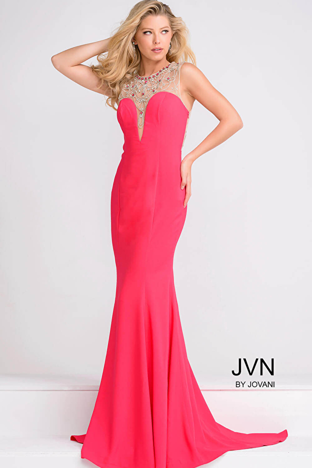 Red Fitted Embellished Neckline Sheer Back Dress  JVN48834