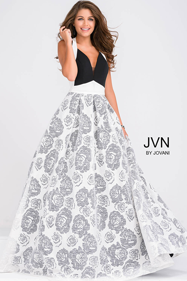 Black and Ivory Floral A line Skirt Prom Dress JVN49641
