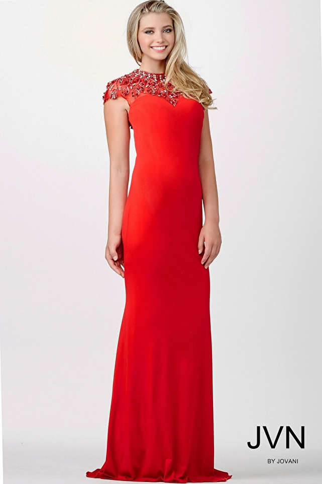 Red Cap Sleeve Prom Dress JVN98119