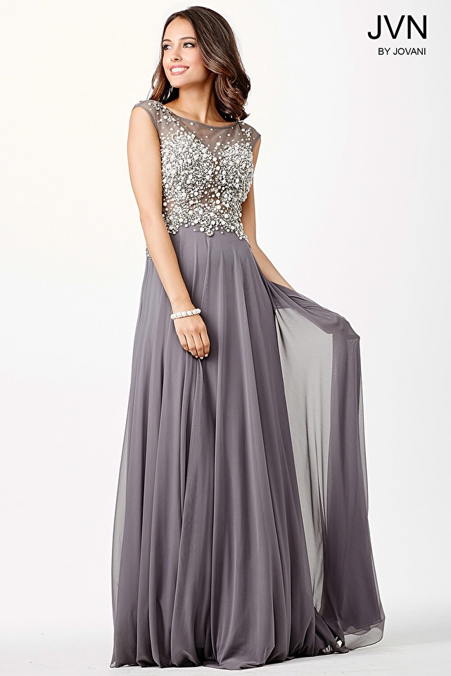 Grey Sheer Neckline Prom Dress JVN33472