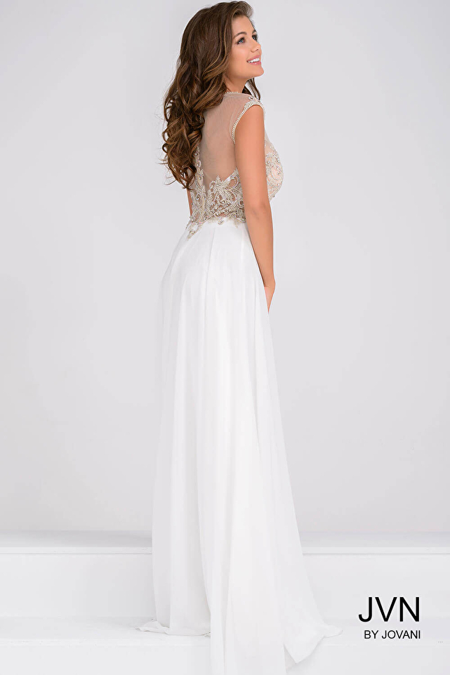 Ivory Sheer Neck Embellished Bodice Chiffon Prom Dress JVN45675