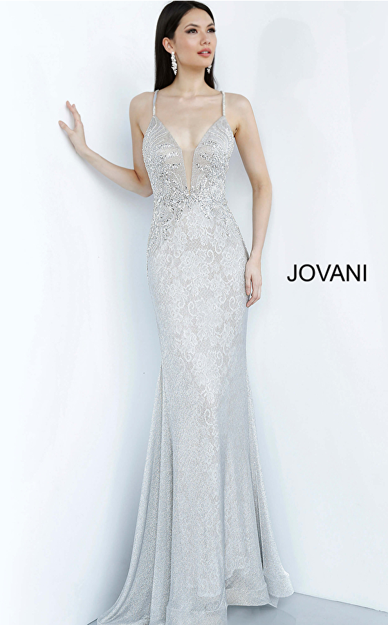 Silver Lace Plunging Neckline Prom Dress JVN03167