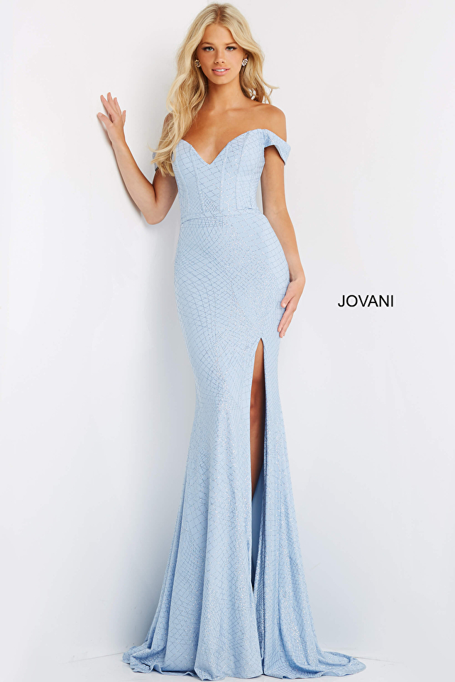 JVN06281 Light Blue High Slit Glitter Dress