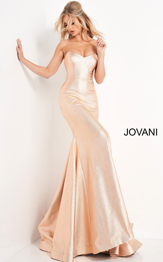 JVN06427 Metallic Strapless Prom Dress