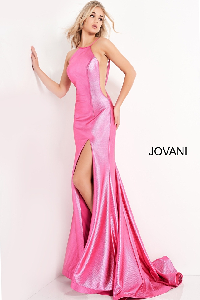 JVN06525 Hot Pink Metallic Backless Prom Dress