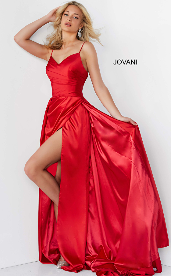 Jvn07800 Red Pleated V Neck Prom Gown