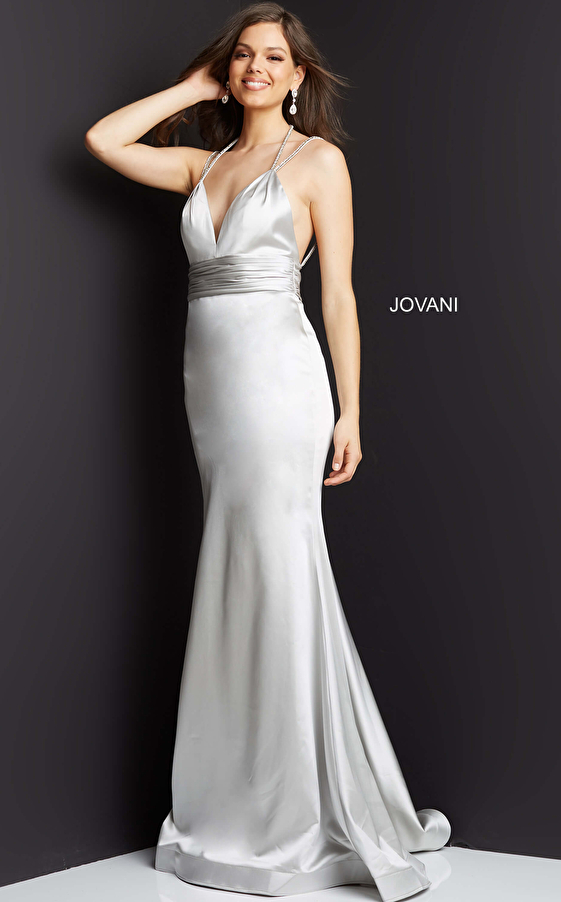 JVN3116 Grey Satin Sheath V Neck Prom Dress