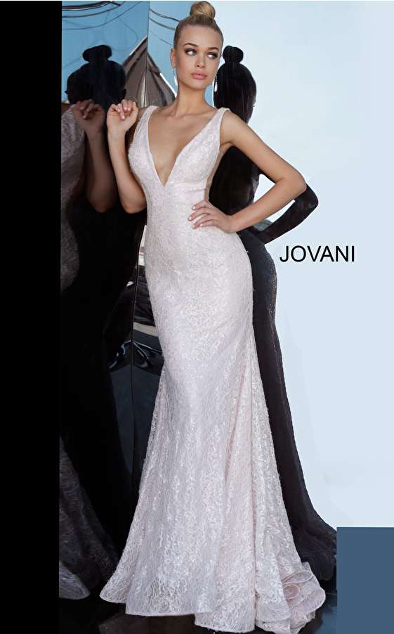 JVN65547 Blush Plunging Neckline Lace Dress 