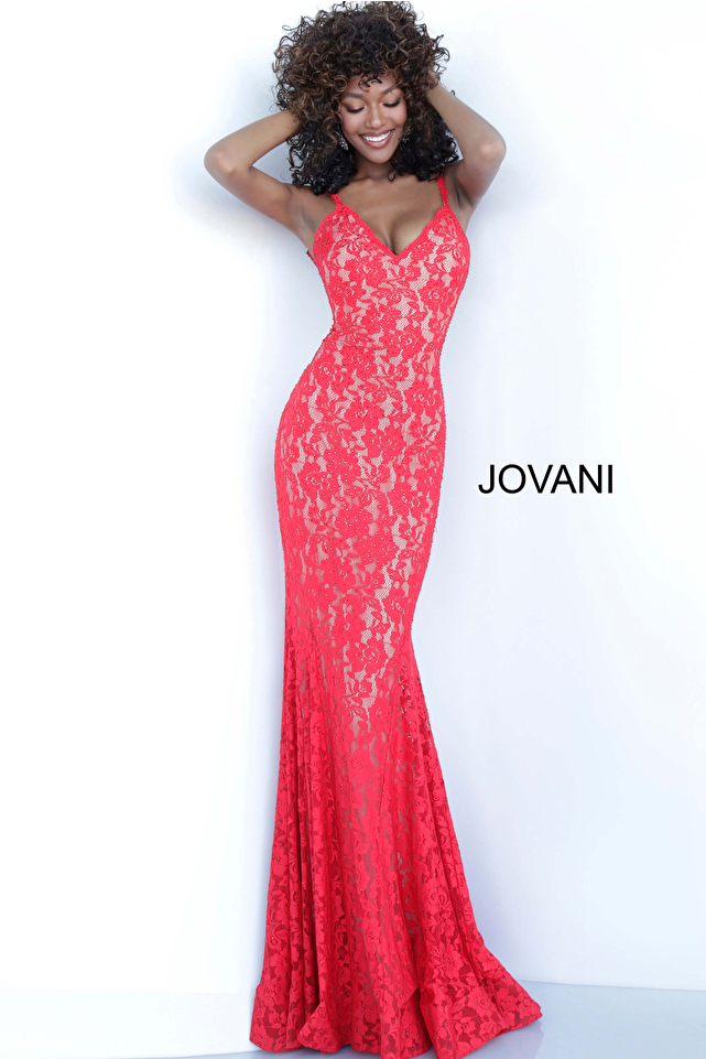 Red Lace Fitted jvn Prom Dress JVN68005 