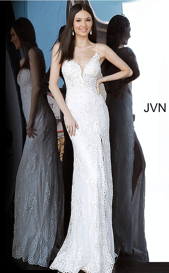 JVN00864 Ivory Lace High Slit Prom Dress