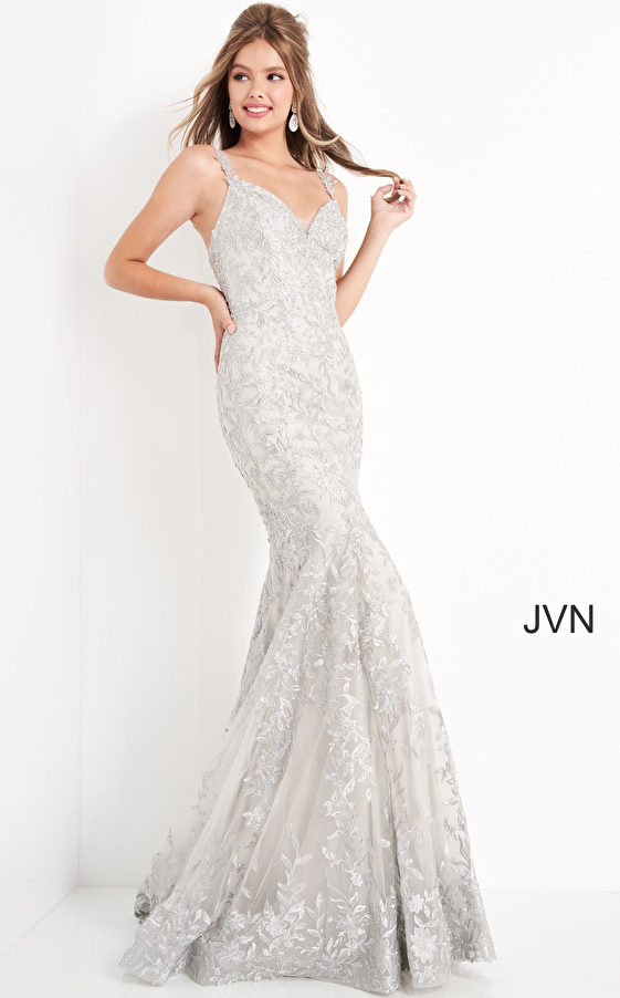 JVN00908 Silver Embroidered Sweetheart Neck Prom Dress 