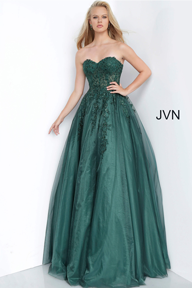 Emerald Embroidered Sweetheart Neckline Dress JVN00915