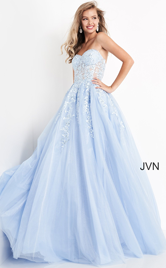 JVN00915 Light Blue Strapless Embroidered Prom Ballgown 