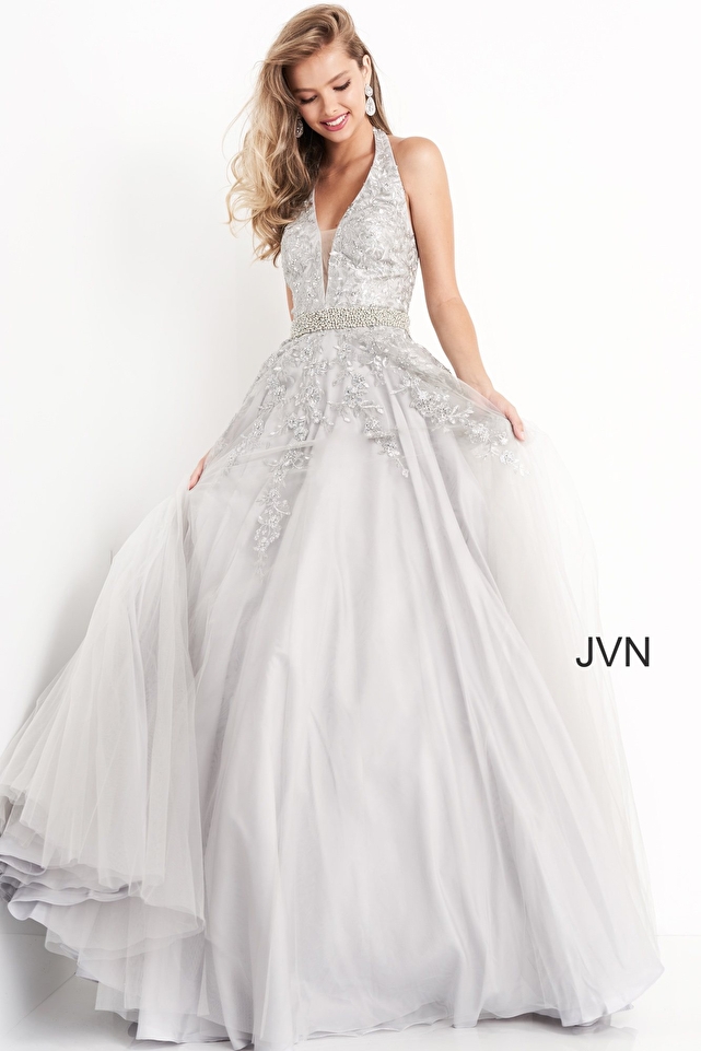 JVN00923 Silver V Neck Floral Prom Ballgown