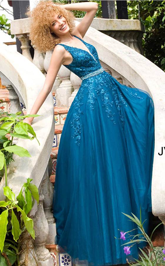 JVN00925 Teal Floral Embroidered Prom Ballgown 