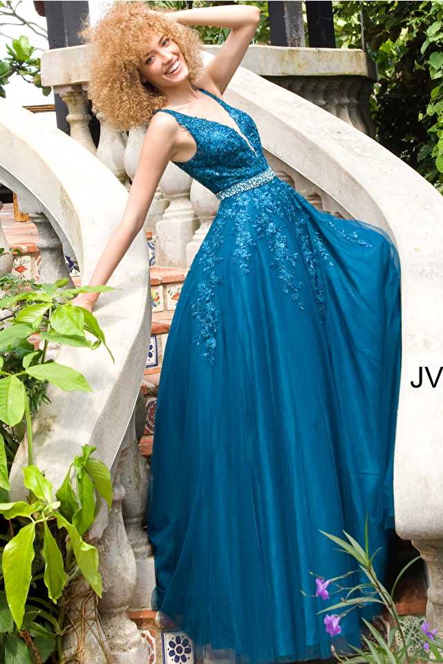 JVN00925 Teal Floral Embroidered Prom Ballgown 