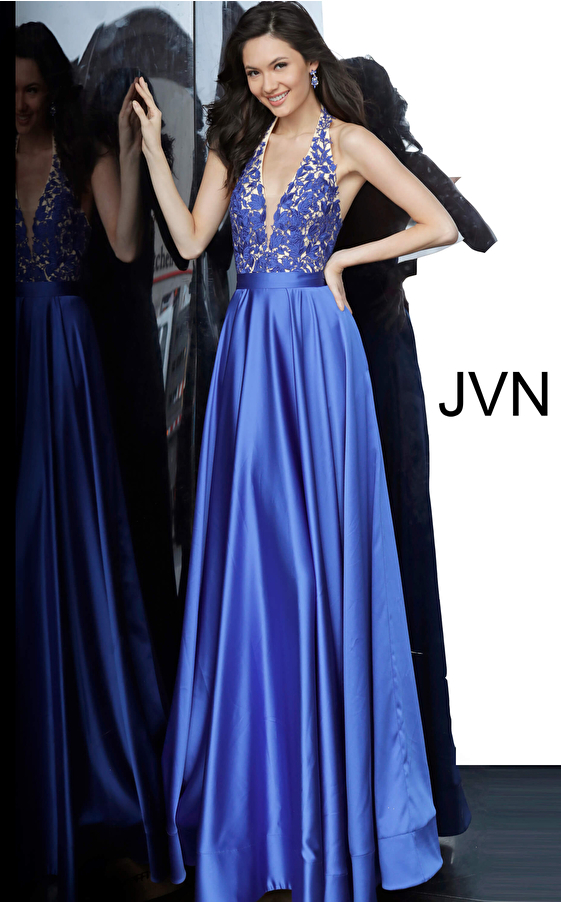 JVN00927 Royal Lace Bodice Halter Neckline Prom Dress