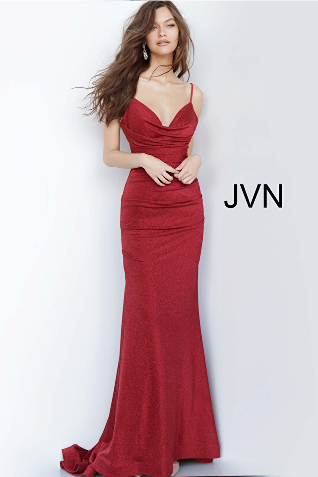 JVN00967 Burgundy Spaghetti Straps Plunging Neck Prom Dress 