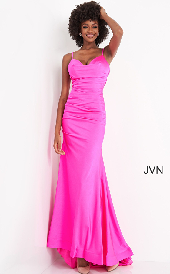 JVN00968 Fuchsia Ruched Bodice Fitted Prom Dress 