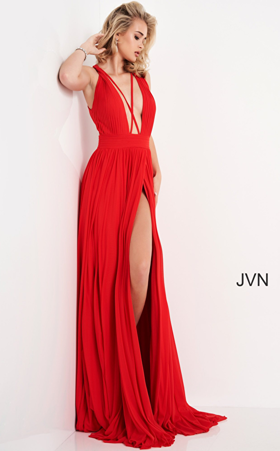 JVN01022 Red Plunging neckline High Slit Prom Dress