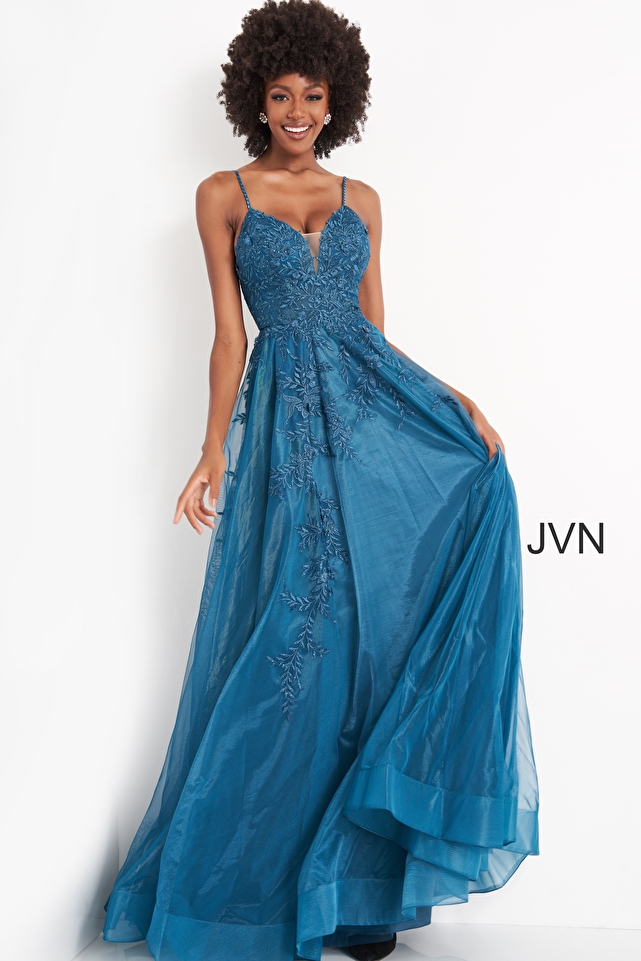 JVN02266 Teal Floral Embroidered Prom Gown