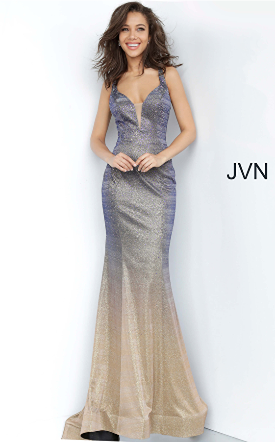 JVN02307 Purple Gold Plunging Neckline Beaded Dress 