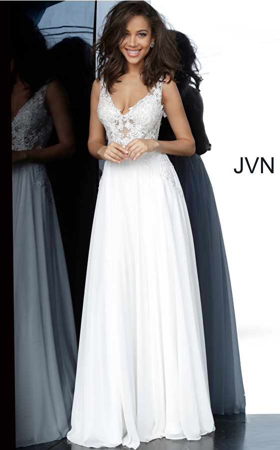JVN02308 Sheer Embroidered Bodice Prom Dress 