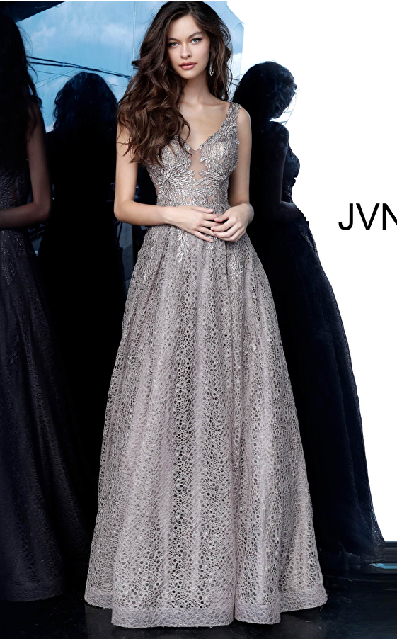 JVN02314 Cafe Plunging Neckline Embroidered Prom Gown 