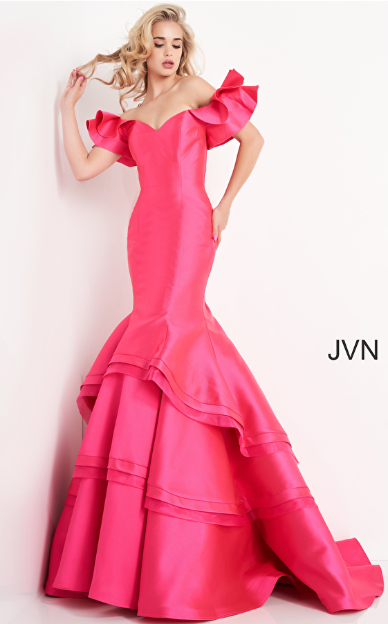 JVN02358 Fuchsia Off the Shoulder Mermaid Prom Dress