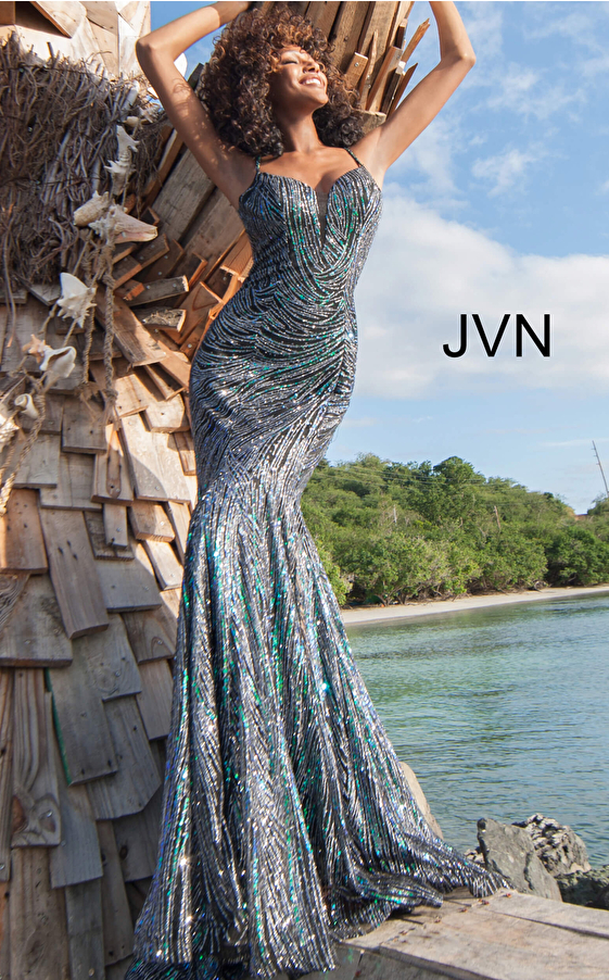 JVN02432 Glitter Embellished Fitted Prom Dress 