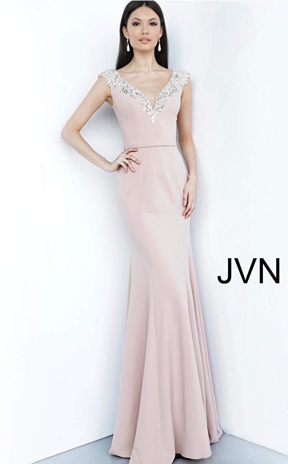 JVN02629 Blush Embellished V Neck Evening Dress
