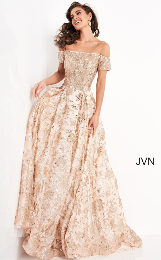 JVN03013 Off the Shoulder A Line Evening Dress