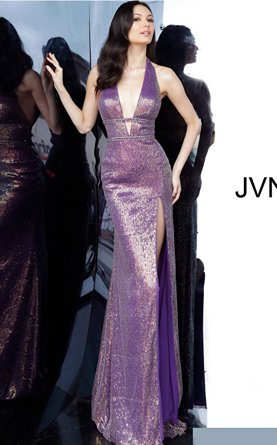 JVN03058 Purple Sequin Embellished Low V Neck Prom Dress