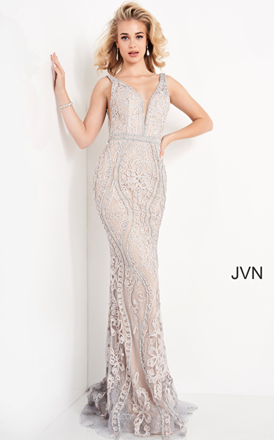 JVN03112 Grey Plunging Neckline V Back Prom Dress 