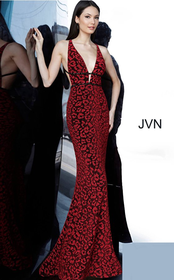 JVN03169 Black Red Plunging Neckline Lace Prom Dress 