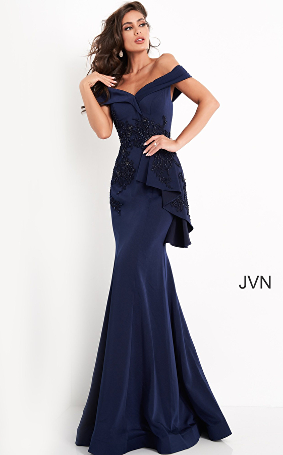 JVN04476 Navy Off the Shoulder Peplum Prom Dress
